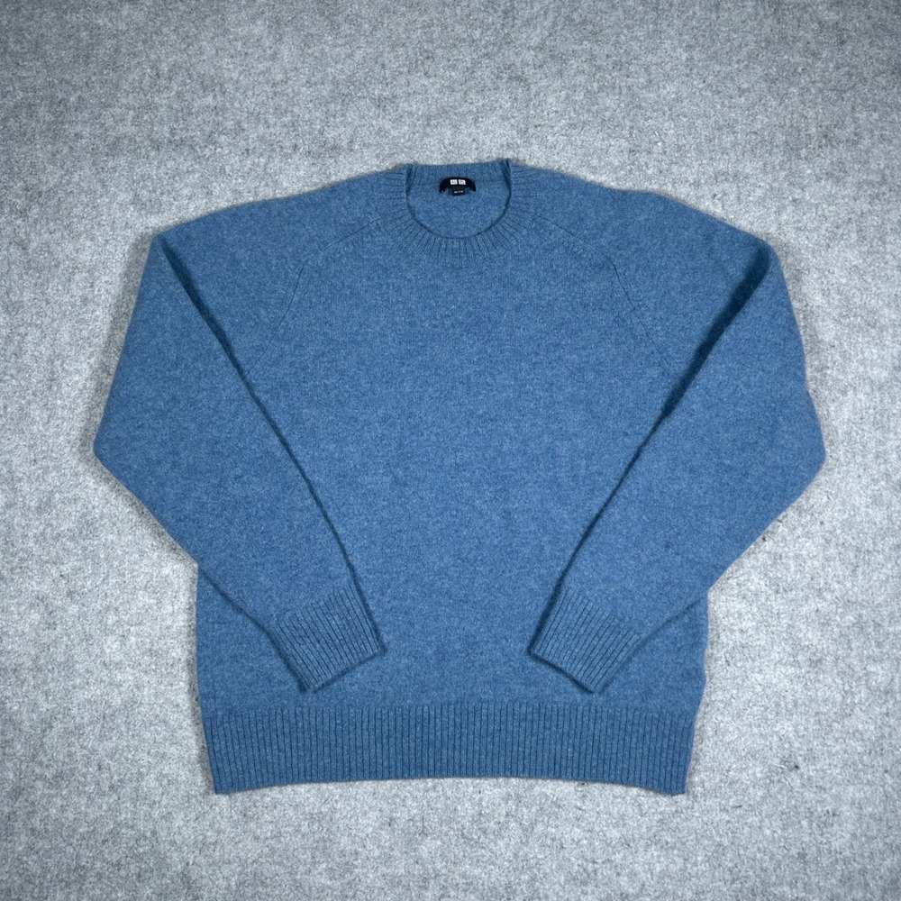 Uniqlo sweater mens XL Blue 100% Wool Crewneck Premium Knit Pullover Minimalist